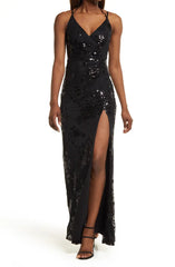 Noble slim shoulder strap off shoulder sequin pleated lace front slit prom dress