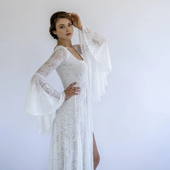 Square Neck Bohemian Lace Backless Wedding Dress Floor Length Prom Party Dress With Bell Sleeves
