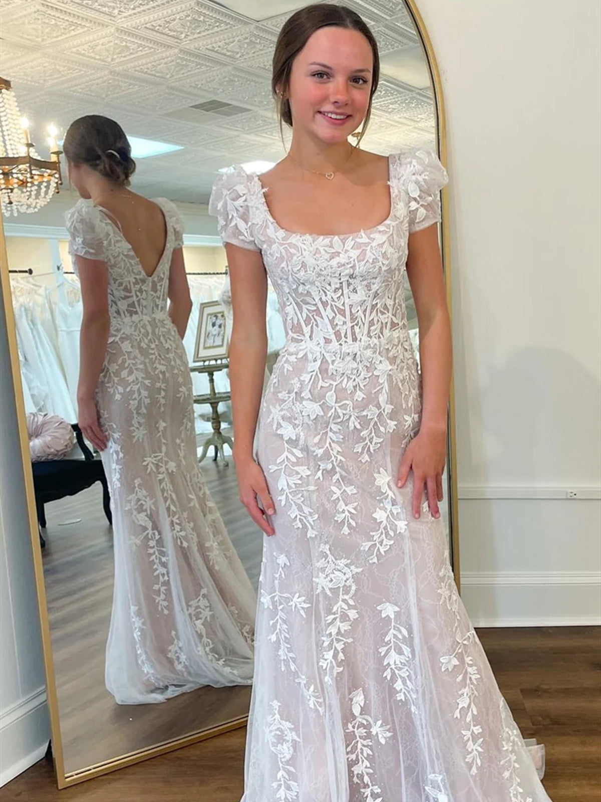 Square Neck Champagne Pink Purple Long Lace Prom Dresses, Square Neck Long Lace Formal Evening Dresses