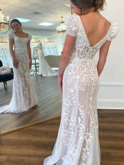 Square Neck Champagne Pink Purple Long Lace Prom Dresses, Square Neck Long Lace Formal Evening Dresses