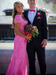 Square Neck Champagne Pink Purple Long Lace Prom Dresses, Square Neck Long Lace Formal Evening Dresses