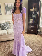 Square Neck Champagne Pink Purple Long Lace Prom Dresses, Square Neck Long Lace Formal Evening Dresses