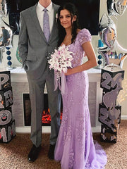 Square Neck Champagne Pink Purple Long Lace Prom Dresses, Square Neck Long Lace Formal Evening Dresses