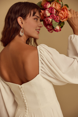 Weitese Formal Wear Dresses Long Sleeves Square Neck Chiffon  A-line Floor Length Wedding Dress With Train