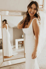 Square Neck Simple Wedding Dresses with Sweep Train TN396
