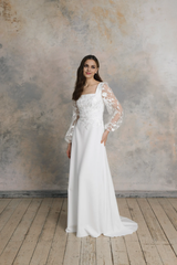 Square Neck Wedding Dress With Puff Long Sleeves Flower Lace A Line Wedding Dress Floor Length With Train