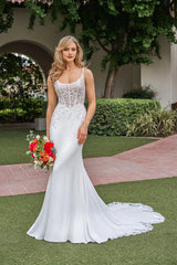 Square neckline off shoulder sleeveless lace floral patch backless and floor length wedding dress