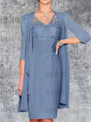 Two Piece Ruffle Chiffon Mother of the Bride Outfit Lace Short Wedding Guest Dress