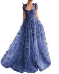 Long Tulle Prom Dress with 3D Butterflies Floor Length Formal Evening