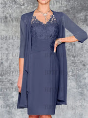 Two Piece Ruffle Chiffon Mother of the Bride Outfit Lace Short Wedding Guest Dress