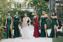 Emerald Green Satin Bridesmaid Dresses with Side Split