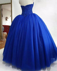 Strapless Royal Blue Tulle Ball Gowns Quinceanera Dress Lace Appliques Bodice Corset