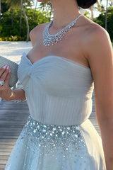 Strapless A-Line Beads Empire-Waist Tiered Tulle Long Prom Formal Dress