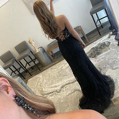Strapless Black Lace Mermaid Prom Dresses, Long Black Lace Mermaid Formal Evening Dresses