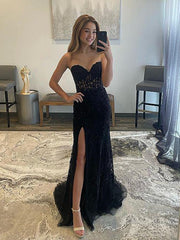 Strapless Black Lace Mermaid Prom Dresses, Long Black Lace Mermaid Formal Evening Dresses