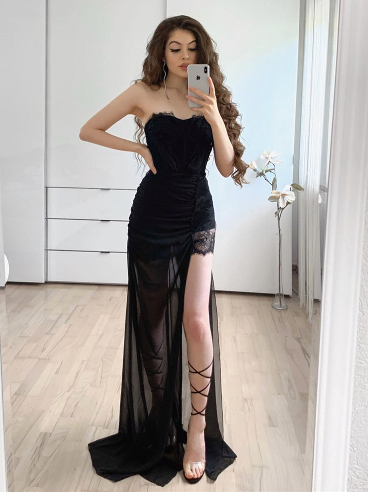Strapless Black Lace Prom Dresses, Black Lace Formal Evening Bridesmaid Dresses