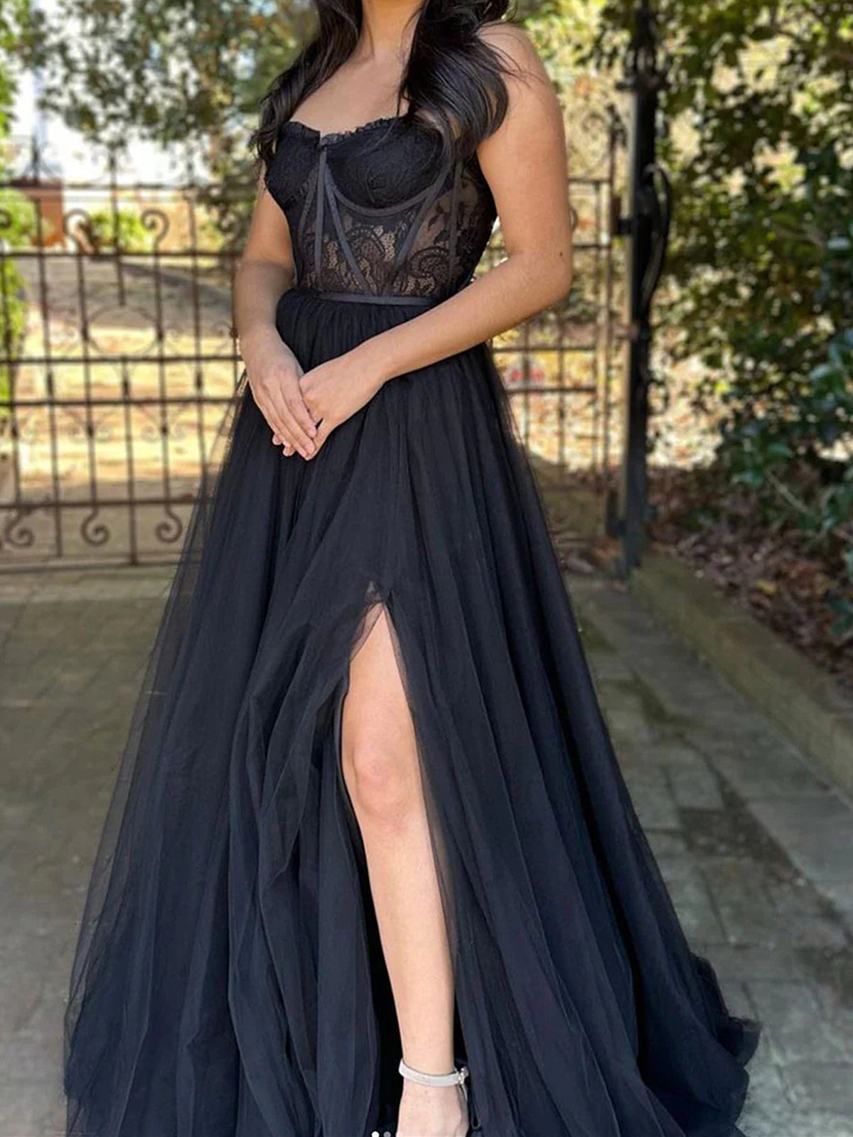 Strapless Black Lace Prom Dresses, Strapless Black Lace Formal Evening Dresses
