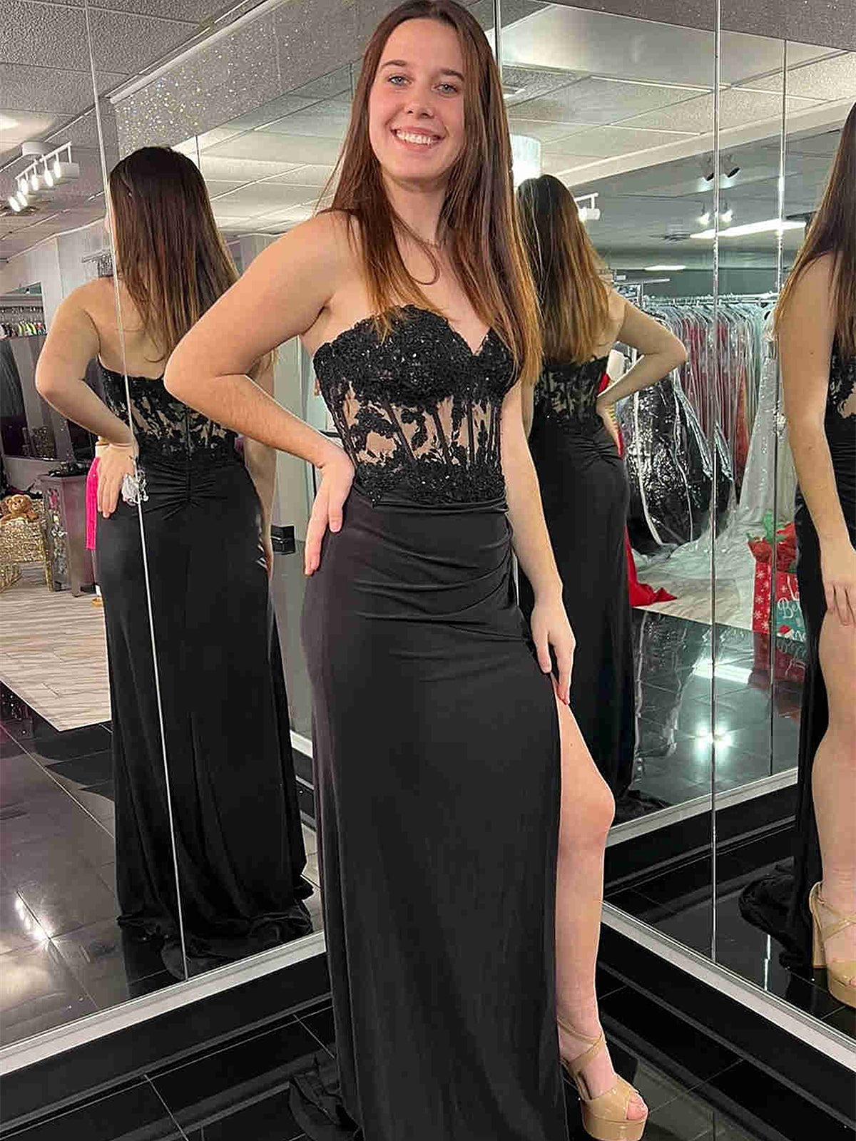 Strapless Black Mermaid Lace Prom Dresses, Black Mermaid Lace Formal Evening Dresses