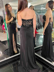 Strapless Black Mermaid Lace Prom Dresses, Black Mermaid Lace Formal Evening Dresses