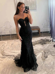 Strapless Black Mermaid Lace Prom Dresses, Black Mermaid Lace Formal Evening Dresses
