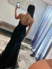 Strapless Black Mermaid Lace Prom Dresses, Black Mermaid Lace Formal Evening Dresses