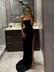Strapless Black Prom Dress with Leg Slit, Strapless Black Long Formal Graduation Dresses