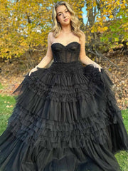Strapless Black Ruffles Layered Long Prom Dresses, Black Layered Long Formal Evening Dresses