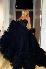 Strapless Black Tulle Long Prom Dress, Black Formal Evening Dress, Ball Gown A2075