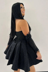 Strapless Bling Bling Black Satin Prom Dress, Short Black Homecoming Dress, Black Formal Graduation Evening Dress A1963
