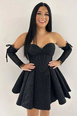 Strapless Bling Bling Black Satin Prom Dress, Short Black Homecoming Dress, Black Formal Graduation Evening Dress A1963