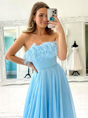 Strapless Blue Long Prom Dresses, Strapless Blue Long Formal Graduation Dresses