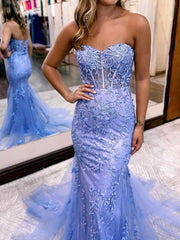 Strapless Blue Pink Red Purple Lace Mermaid Prom Dresses, Lace Mermaid Formal Evening Dresses