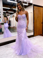 Strapless Blue Pink Red Purple Lace Mermaid Prom Dresses, Lace Mermaid Formal Evening Dresses
