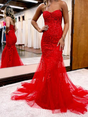 Strapless Blue Pink Red Purple Lace Mermaid Prom Dresses, Lace Mermaid Formal Evening Dresses