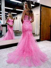 Strapless Blue Pink Red Purple Lace Mermaid Prom Dresses, Lace Mermaid Formal Evening Dresses