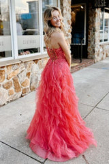 Strapless Coral Lace Long Prom Dress, Coral Lace Formal Dress, Long Coral Evening Dress WT2148