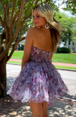Strapless Floral Tulle Print Homecoming Dress with Ruffle, AST1008