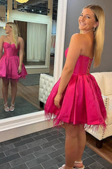 Strapless Fuchsia Satin Short Prom Dress, Fuchsia Homecoming Dress, Strapless Formal Evening Dress A1949