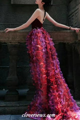 Strapless Gradient Red 3D Flowers Sequined Bud With Slit Spring Dresses, CP1136