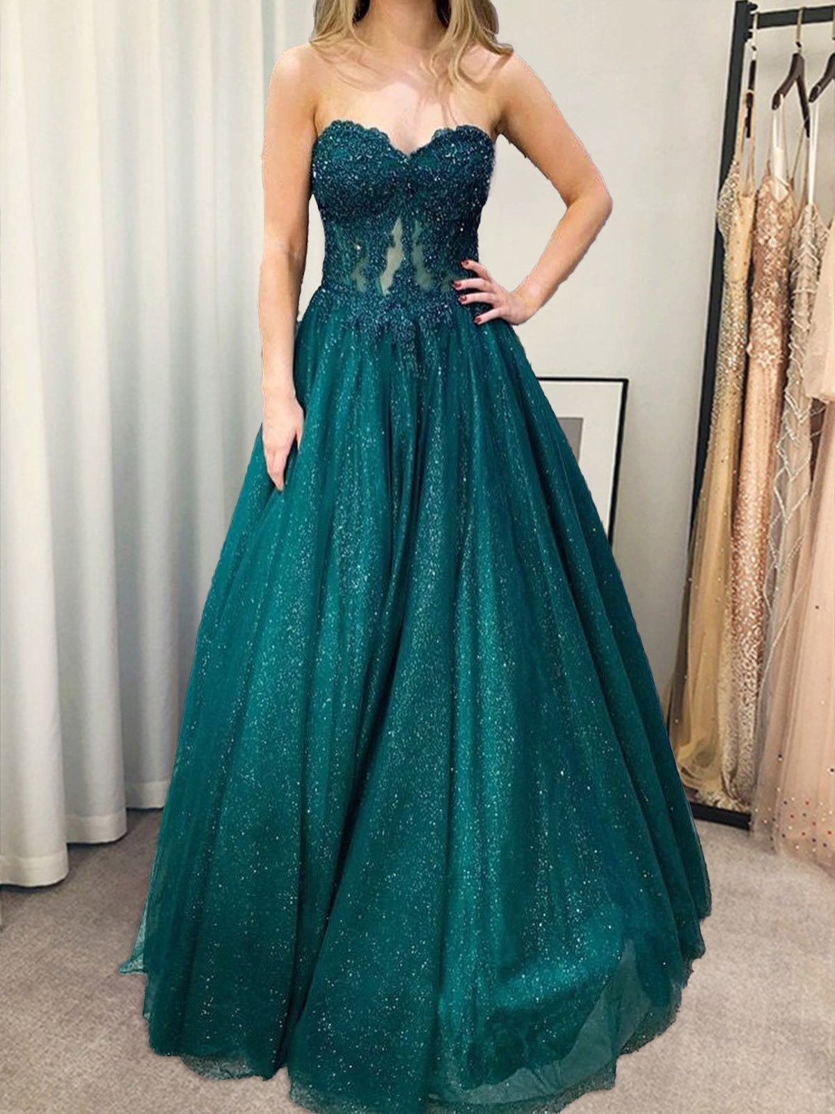 Strapless Green Blue Lace Long Prom Dresses, Green Blue Long Lace Formal Evening Dresses