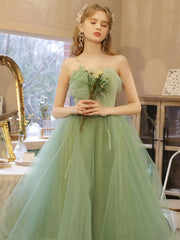 Strapless Green Tea Length Prom Dresses, Green Tea Length Formal Homecoming Dresses