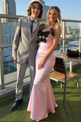 Strapless Pink Mermaid Satin Prom Dress With Bows