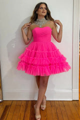 Strapless Hot Pink Tulle Short Prom Dress, Hot Pink Tulle Homecoming Dress, Hot Pink Formal Graduation Evening Dress A1971