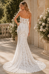 Strapless Lace Mermaid Wedding Dress with Romantic Fit and Flare Silhouette