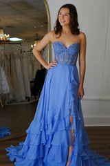 Strapless Layered Blue Lace Long Prom Dress with High Slit, Blue Lace Formal Graduation Evening Dress
