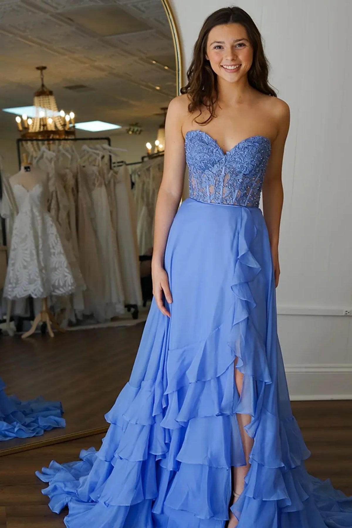 Strapless Layered Blue Lace Long Prom Dress with High Slit, Blue Lace Formal Graduation Evening Dress