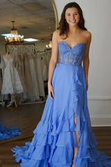 Strapless Layered Blue Lace Long Prom Dress with High Slit, Blue Lace Formal Graduation Evening Dress
