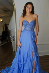 Strapless Layered Blue Lace Long Prom Dress with High Slit, Blue Lace Formal Graduation Evening Dress