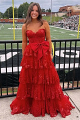Strapless Applique Ruffle Silt Prom Dress with Bow