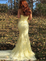 Strapless Mermaid Lace Prom Dresses, Lace Mermaid Formal Evening Dresses